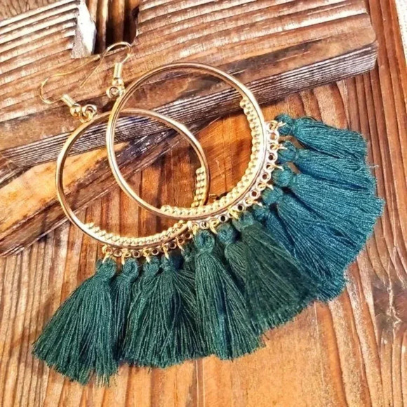 Tassel Fringe Round Hoop Earrings Gold Forest Green - Picture 1 of 5